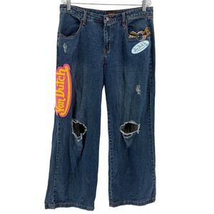 Von Dutch Originals Women Jeans Patch Logo Wide Leg Distressed Size 13 VTG Y2K